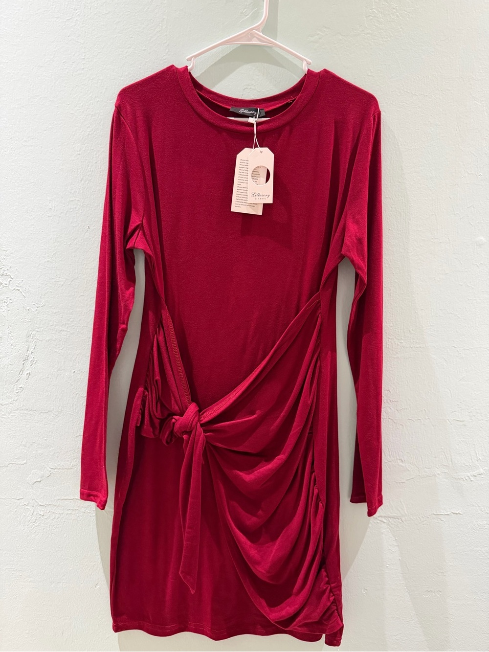 Long-Sleeve Knot-Detail Red Dress